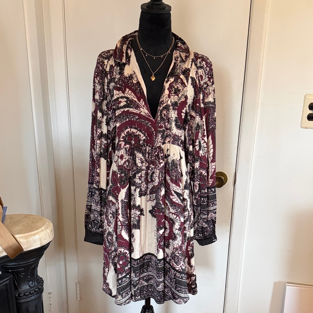 Free People Burgundy Cream Paisley Button-Front Long Sleeve Dress